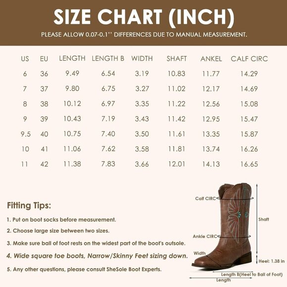 SheSole Fashion Women's Cowboy Boots, Square Toe Western Cowgirl Botte Femme - Picture 6 of 9